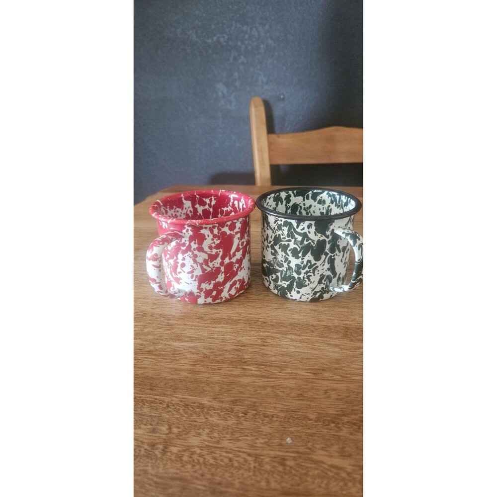 Splatter Enamelware Tin Camping Coffee Mugs Set of 2 Red Green White